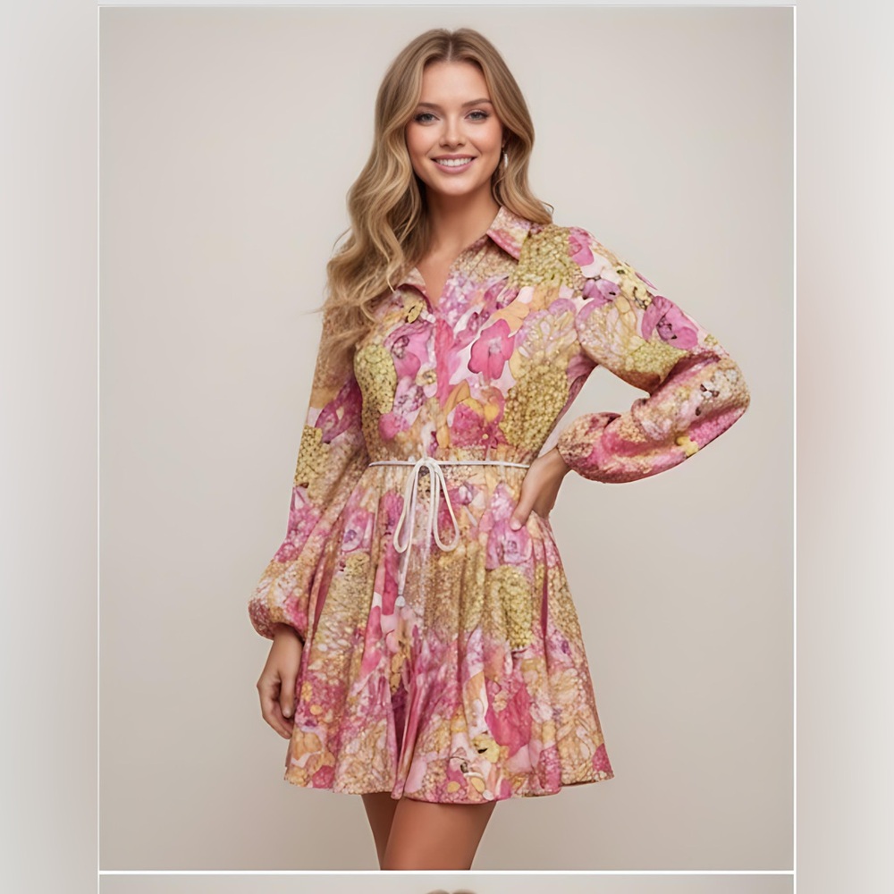 Boho Floral Print Lantern Sleeve Belted Shirt Dress